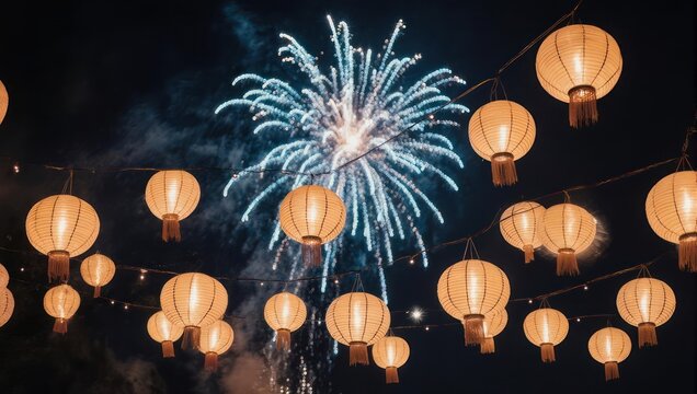 Vibrant Fireworks and Traditional Lanterns Illuminate the Night Sky.