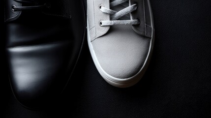 Conceptual image showing office shoes and casual sneakers together, representing balance between work and leisure