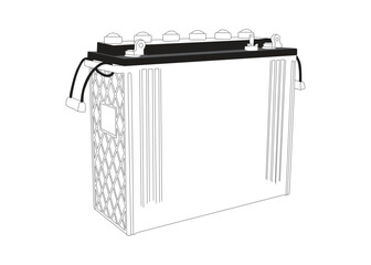 Detailed line art illustration of a car battery with terminals, cables, and power symbol.
Perfect for automotive manuals, technical guides, engineering diagrams, and battery-related projects.