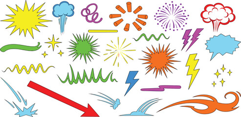 Obraz premium Set of colorful hand-drawn cartoon and comic book design elements, including explosions, speech bubbles, and action lines