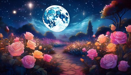 enchanted rose garden under a serene night sky with a full moon and sparkling stars