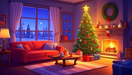 Warm, inviting room decorated for Christmas, with a tree, presents, fireplace, and snowy landscape visible