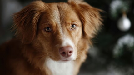 Festive holiday portrait of a Toller dog, Christmas tree and New Year decorations in background