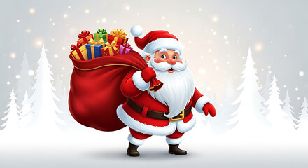 Fototapeta premium Festive Santa Claus Carrying a Sack Full of Gifts in a Snowy Winter Wonderland