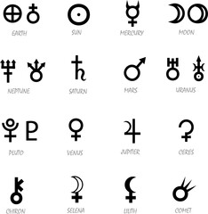 Obraz premium Black vector symbols of planets and astrological objects such as Earth, Sun, Mercury, Moon, Neptune, Saturn, Mars, Uranus, Pluto, Venus, Jupiter, Ceres, Chiron, Selena, Lilith, and a comet.