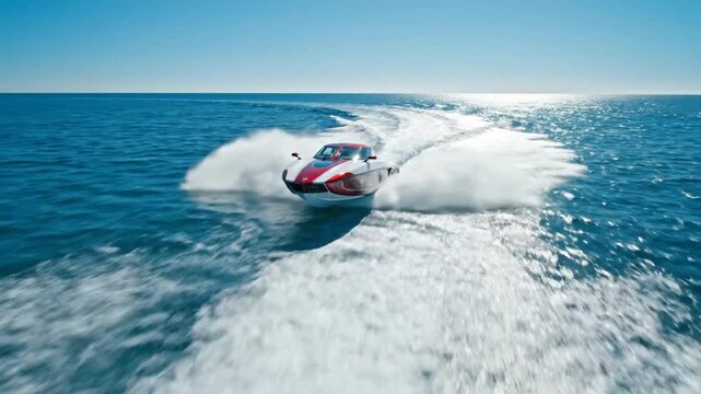 A futuristic red and white amphibious vehicle speeds across the open blue ocean, creating a large white wake on a sunny day.