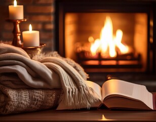 cozy home ambiance warm fireplace glow soft blanket illuminated candles and books for a relaxing indoor retreat