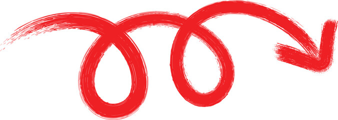 Hand drawn red spiral arrow pointing to the right isolated on transparent background