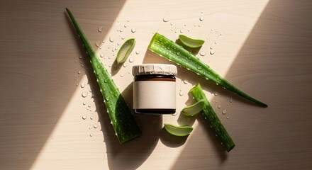Overhead shot of an unbranded cream jar surrounded by fresh aloe vera leaves and water droplets on a wooden surface.