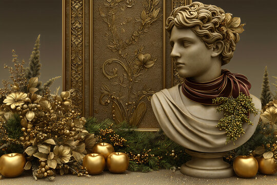 Grecian marble bust with dark ribbon and gold foliage surrounded by opulent christmas decorations gilded apples greenery and baroque golden Christmas luxury.