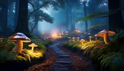 a winding path bordered by lush moss leads deeper into a shadowy forest tall striking mushrooms emerge from the ground bathed in moody twilight fog creating a dreamlike ambiance
