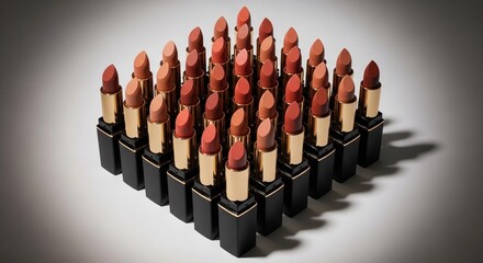 A large, organized grid of various nude, pink, and red lipsticks in black and gold packaging on a white background. Beauty display