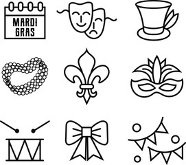 Mardi Gras Icon Set Featuring Masks Beads and Celebration Symbols