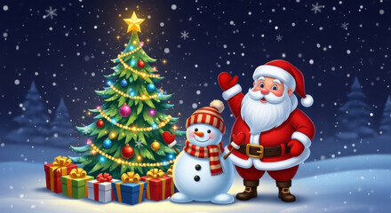 Santa claus and a cheerful snowman stand beside a decorated christmas tree with gifts in a snowy winter night