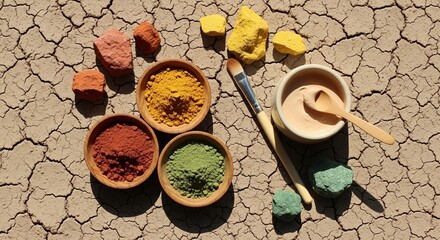 Top-down view of colorful clay powders, stones, a brush, and a premixed face mask on cracked, dry earth. Natural spa ingredient