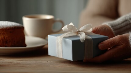 Unrecognizable grandmother handing wrapped gift box to grandson across table, hands touching, birthday celebration with coffee and cake