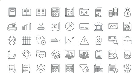 Set of sketchy business and finance icons including documents, money, and analytics