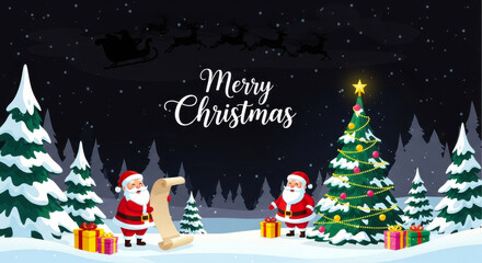 Fototapeta premium Santa claus characters checking a long wish list near a decorated christmas tree in a snowy forest at night