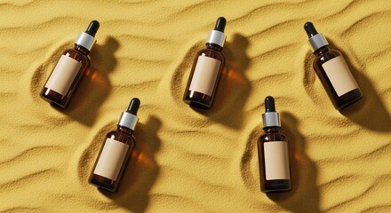 Overhead view of five amber serum bottles with blank labels arranged on rippled yellow sand. Desert cosmetic concept.