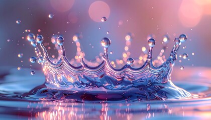 Water splash with a crown shape. Reflections and bokeh light spots in the backdrop create a soft atmosphere