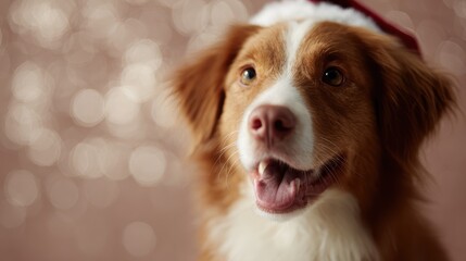 Cute Toller dog celebrating holiday season, Christmas and New Year theme, festive backdrop