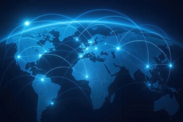 Global Cloud Connection: A translucent world map with luminous data points connected by light beams from orbit