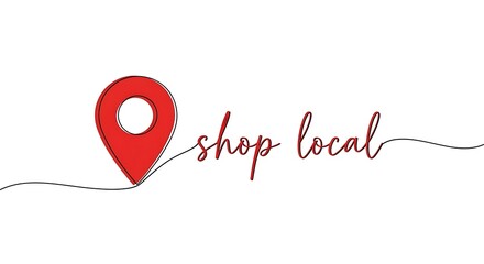 Shop local continuous line art with red map pin icon; supporting local businesses