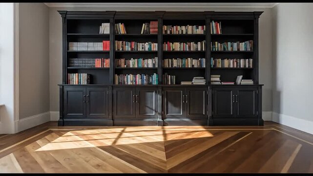 Classic home library interior with a large black bookshelf and sunlight casting beautiful geometric patterns on the herringbone wood floor