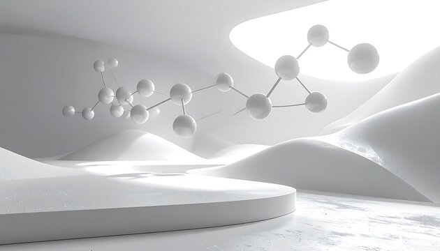 White abstract futuristic scene with molecules hovering above smooth hills under a bright, soft light