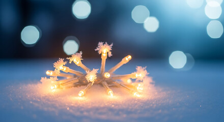 A close-up of festive starburst lights covered in delicate frost and snowflakes, glowing warmly in the cold blue winter snow with bokeh