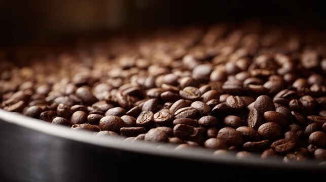 Fresh coffee beans roasting in machine, close-up of coffee roasting process