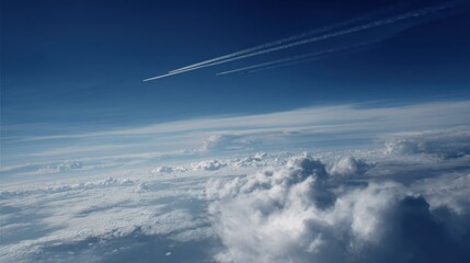 Fototapeta premium Airplane jet streams high above fluffy white clouds. Aerial view from aircraft window. Travel, transportation, freedom concept. Sky background. Fast plane flight. Airplanes hurry fly.
