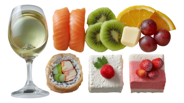 Fresh Sushi Plate with Fruits, Desserts, and a Glass of White Wine on White Background