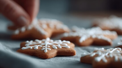 Hands decorating festive gingerbread cookies, holiday celebration prep, Christmas and New Year DIY concept