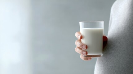 Happy expectant mother holding glass of milk, gently stroking belly, prenatal health and maternity lifestyle concept