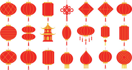 Large Vector Collection of Traditional Chinese Red Lanterns: Flat Icons of Various Shapes, Including Spherical, Rectangular, and Diamond, with Decorative Knot and Pagoda Symbols