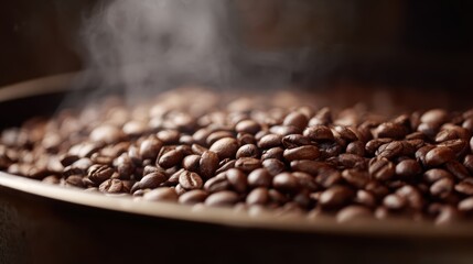 Roasting coffee beans in industrial coffee roaster, fresh aromatic coffee concept