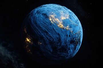 Blue sphere of Earth at night from space, showing clouds and ocean with the Moon nearby