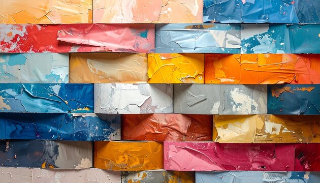 Vivid wall made of painted, distressed rectangular blocks in a brick-like pattern
