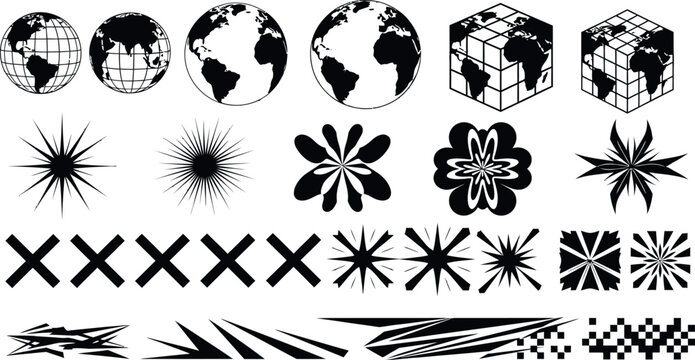 Abstract black and white graphic elements featuring earth globes geometric shapes and textures