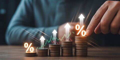 Stacked coins with glowing percentage symbols and upward arrows represent interest rate increase, investment growth, dividends, financial profit, and rising returns on deposits