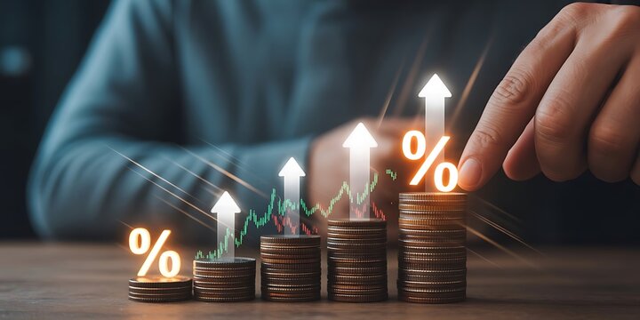 Stacked coins with glowing percentage symbols and upward arrows represent interest rate increase, investment growth, dividends, financial profit, and rising returns on deposits