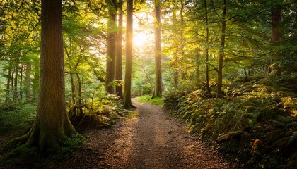 Obraz premium serene woodland path bathed in golden sunlight a mystical journey through a verdant forest