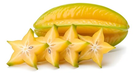 Fototapeta premium Star fruit slices and whole carambola on a white background