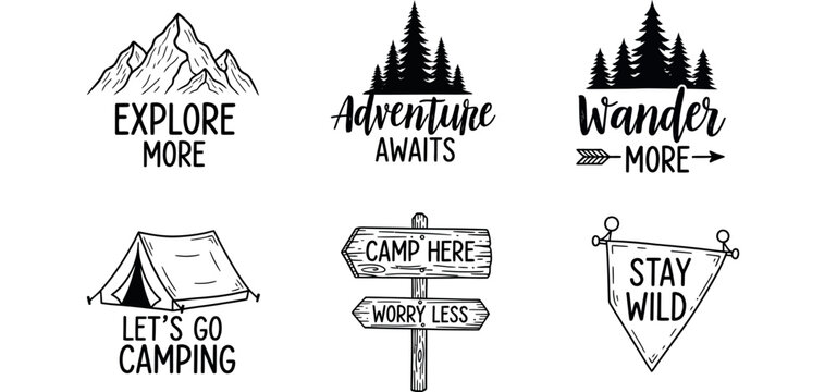 Hand drawn vintage outdoor adventure and camping icons with motivational quotes - Powered by Adobe