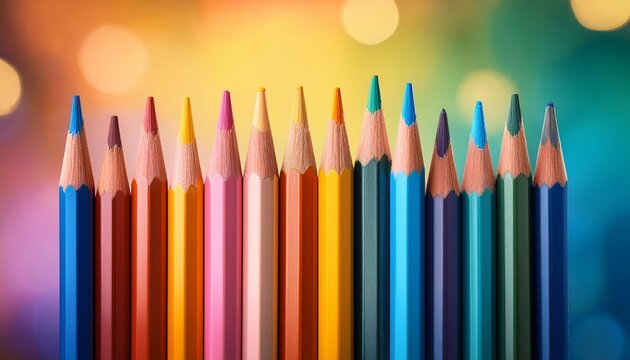 numerous colored pencils point upward showcasing their vibrant hues against a soft blended backdrop of colors this creative display invites artistic inspiration