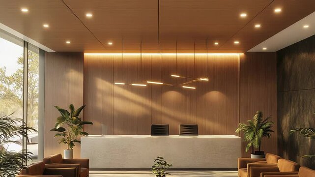 Modern office lobby with reception area and warm light