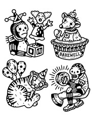 GRIM CARNIVAL CREATURES LINE ART MONOCHROME DOODLE