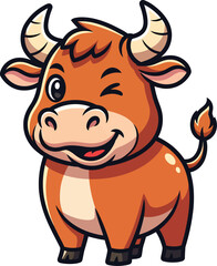 A charming cartoon bull character with brown fur winking one eye and smiling happily.