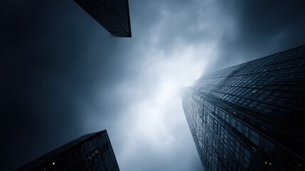 Skyscrapers in financial district, shot from below, dramatic cloudy sky overhead, cityscape concept